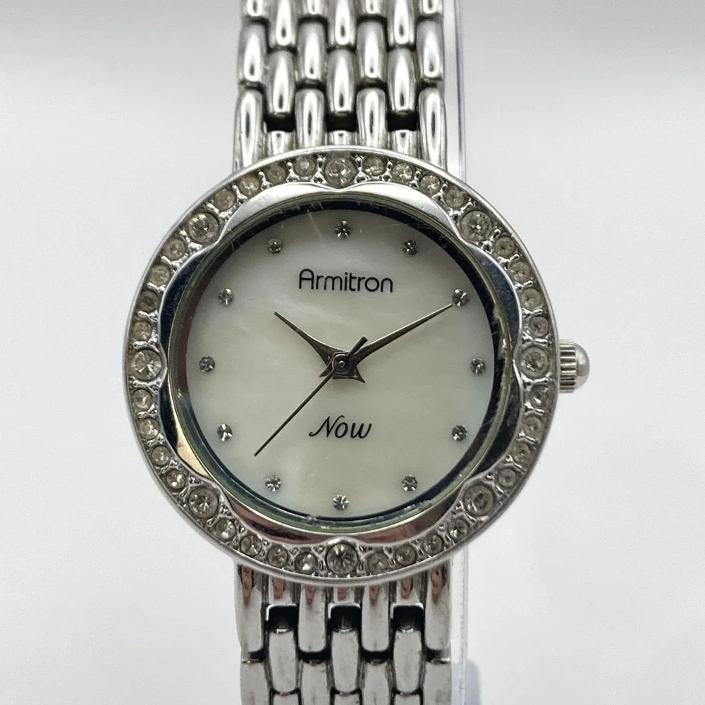 Armitron Now Women's Watch 28mm Silver Tone Crystals MOP Dial New Battery 6.75